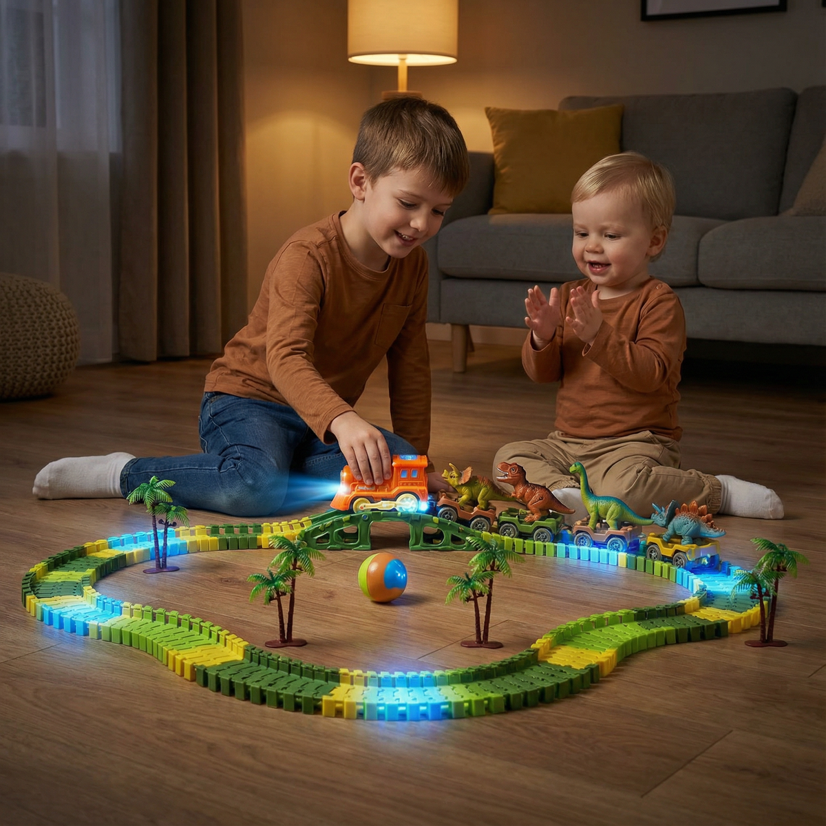 Flexible Dinosaur Race Track Set with Glowing LED Train for Kids