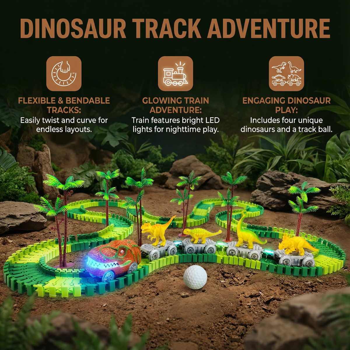 Flexible Dinosaur Race Track Set with Glowing LED Train for Kids