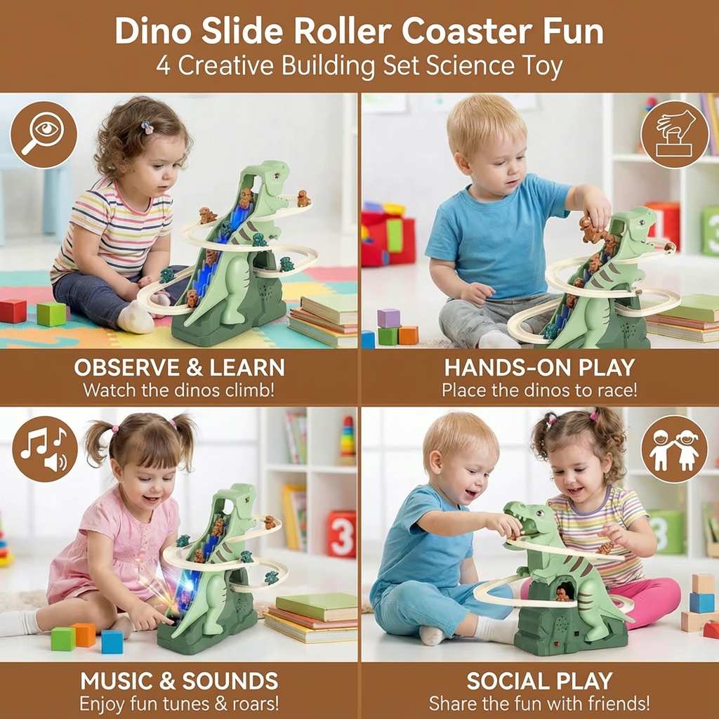 Dinosaur Roller Coaster Slide Track Toy with Snap Together Track and Colorful Dino Design