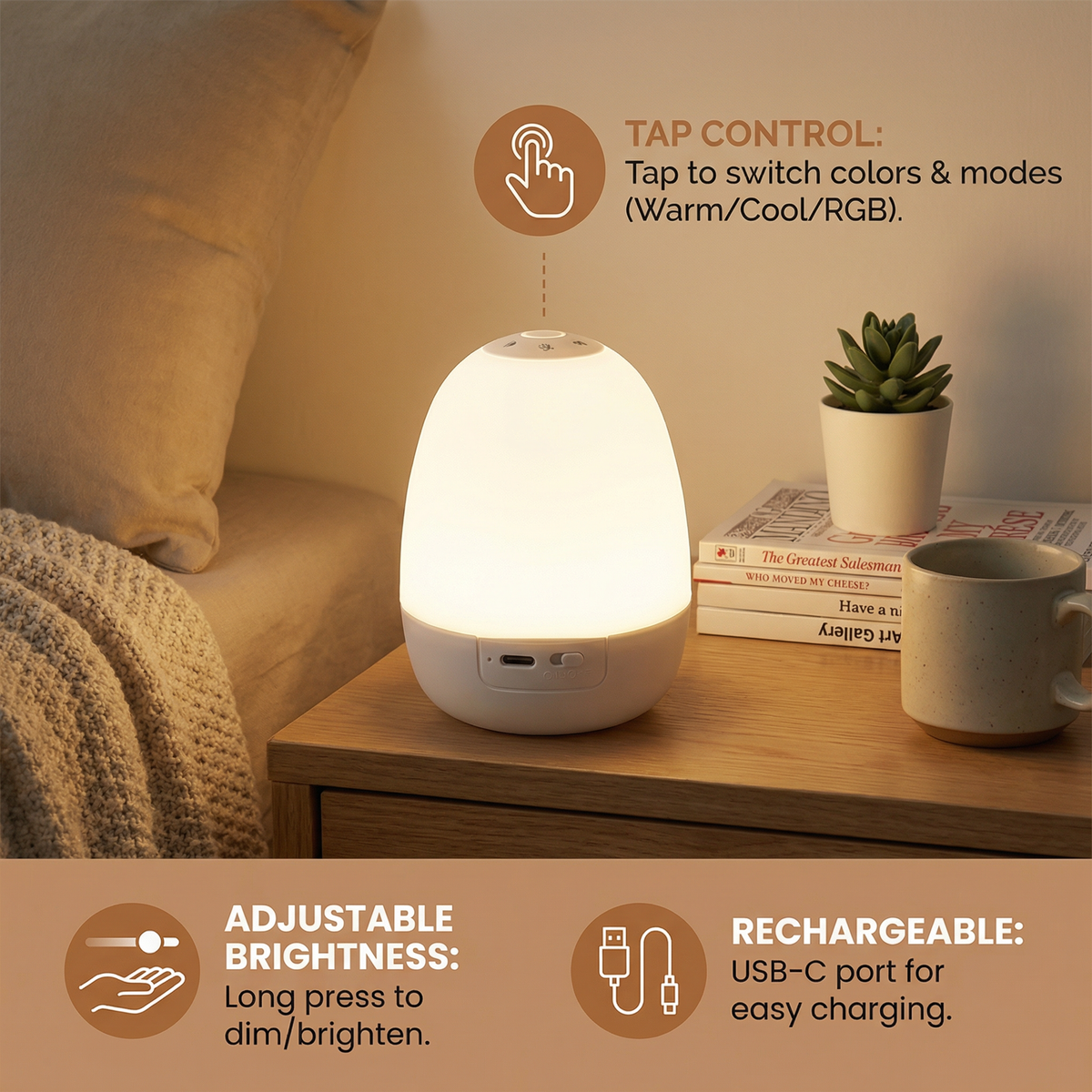 Egg Shaped Silicone Night Light with Touch Control and Color Changing Glow