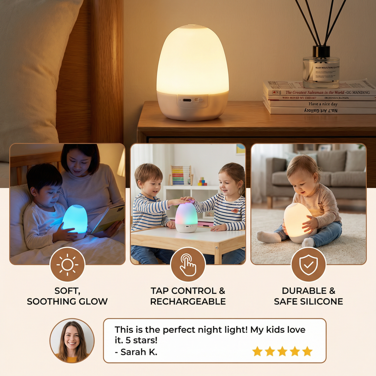Egg Shaped Silicone Night Light with Touch Control and Color Changing Glow