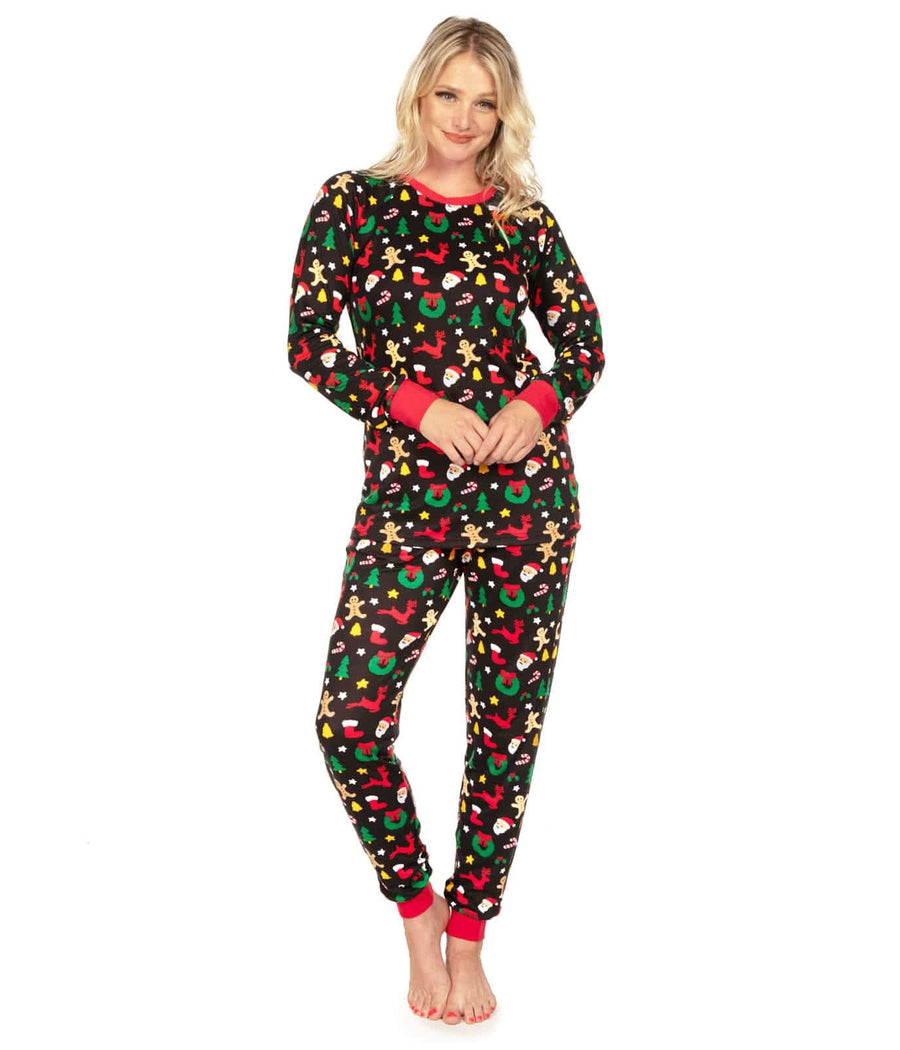 Womens Christmas Cookie Print Pajama Set with Crew Neck Top and Drawstring Pants