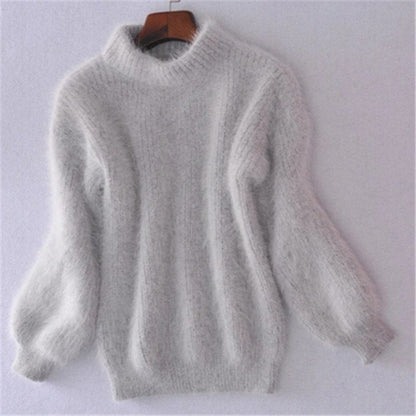 Womens Fuzzy Mock Neck Sweater with Balloon Sleeves and Oversized Fit, Solid Colors