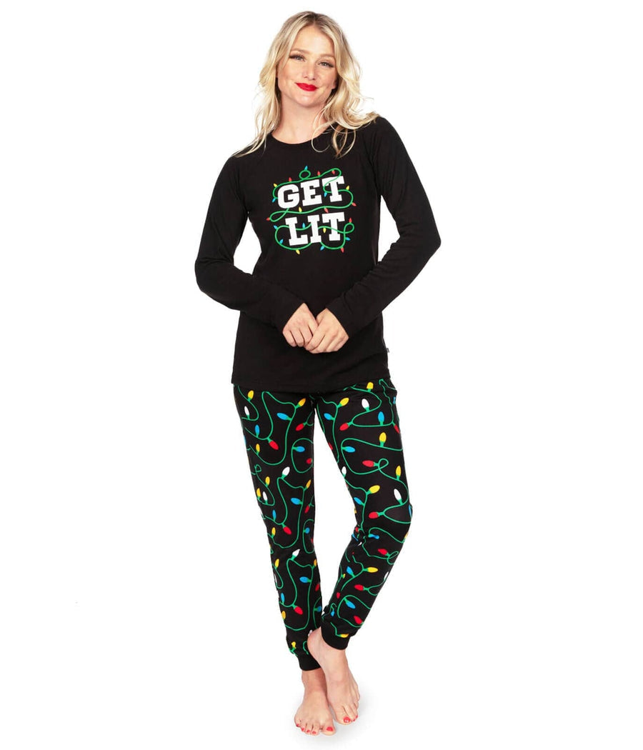 Get Lit Womens Pajama Set in Black with Bold Slogan Top and Twinkling Lights Pants