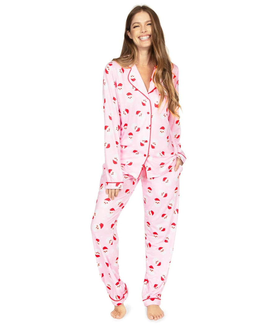 Womens Pink Holiday Loungewear Set with Santa Motif and Lapel Style Top